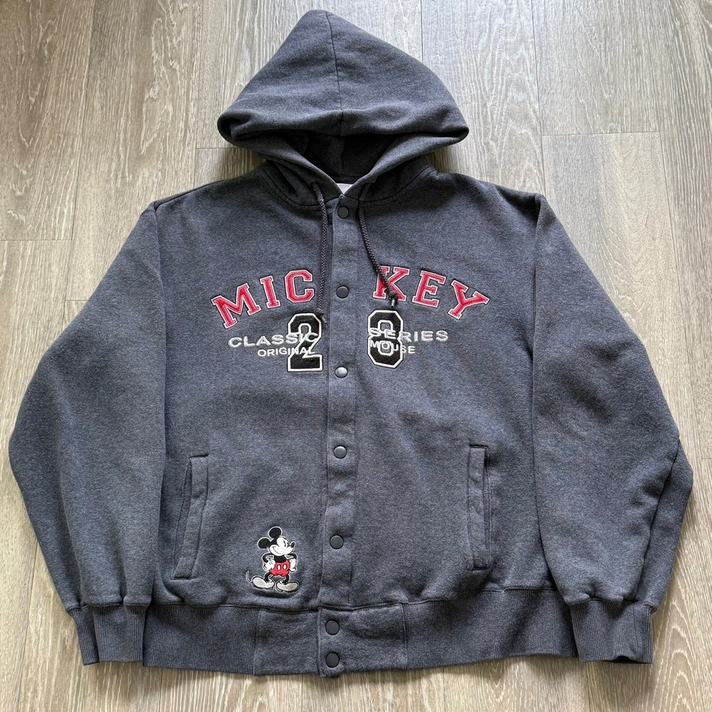 VTG Disney‎ Mickey Mouse Classic 28 Hoodie Snap Jacket Gray Small